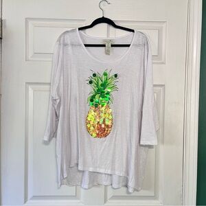 Caribbean Joe White Pineapple Sequin 3/4 Sleeve Tee Tropical Shirt Plus Size 3X